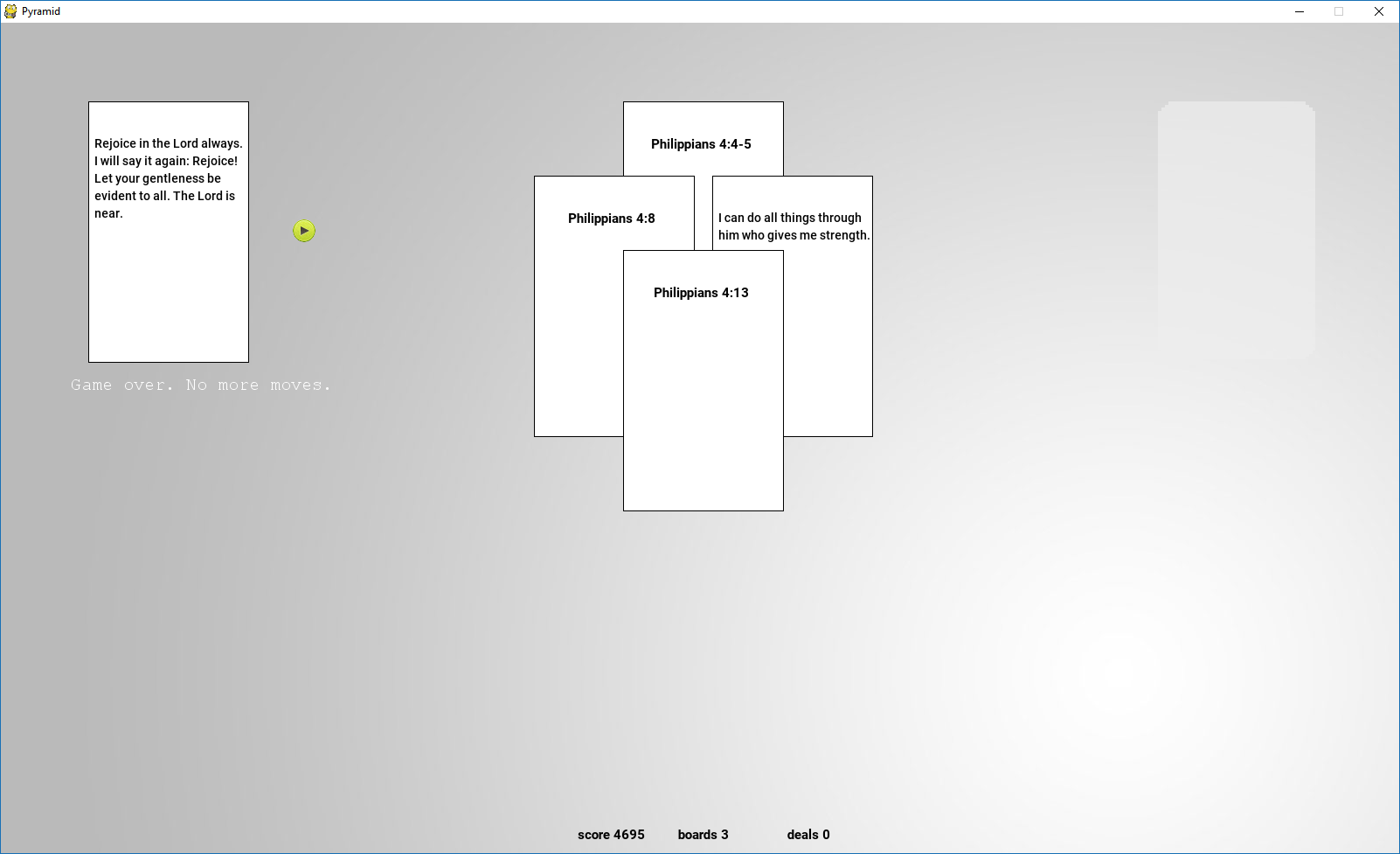 GitHub chrisrelaxing/pythonpyramidsolitaire This is a Pyramid